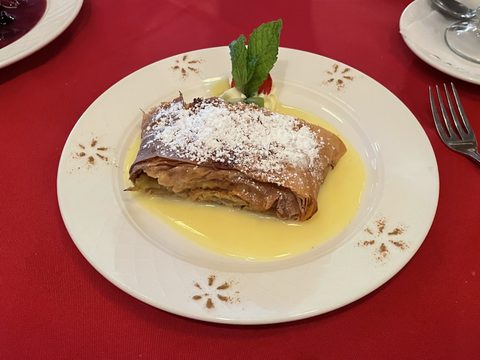 Representative photograph of Apple Strudel. The photograph includes custard and cream not included in this draft.