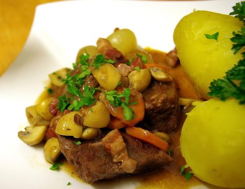 Representative photograph of Beef Bourguignon. The photograph includes potatoes not included in this draft.