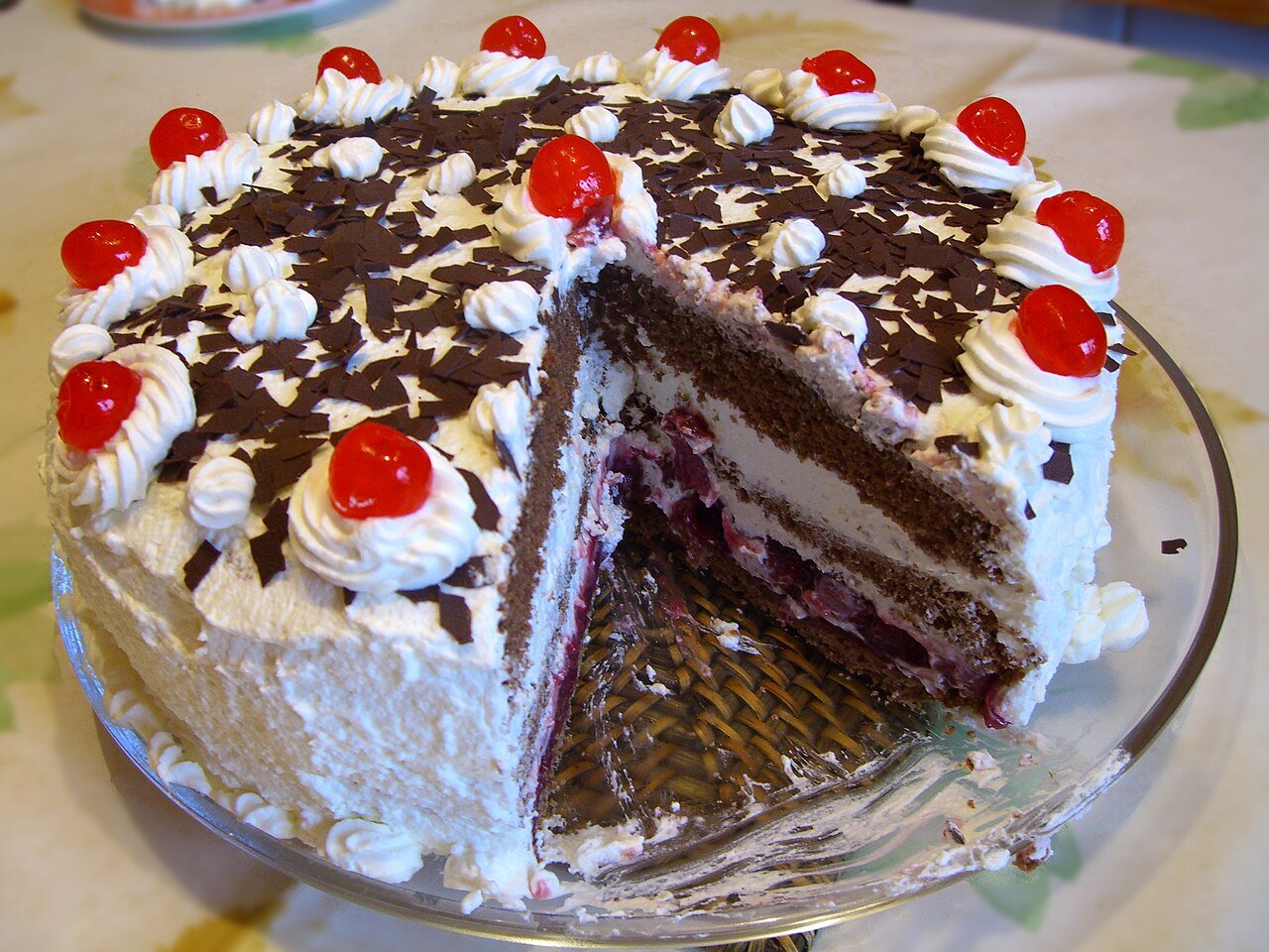 Representative photograph of Black Forest Cake. The photograph includes decorative cherries on top; this draft uses cherries in the filling.