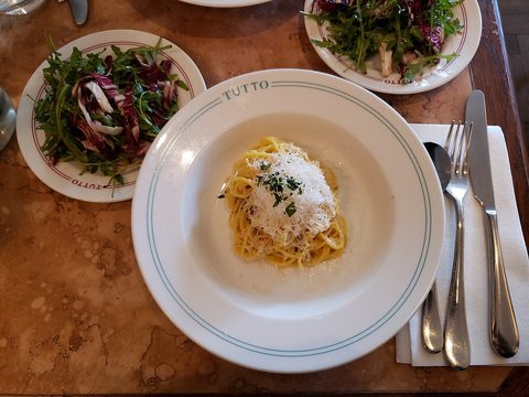 Representative photograph of Cacio e Pepe. The photograph includes a side salad not included in this draft.