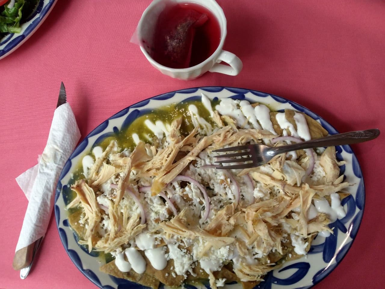 Representative photograph of Chilaquiles Verdes. The photograph includes shredded chicken; this draft makes meat-free chilaquiles.