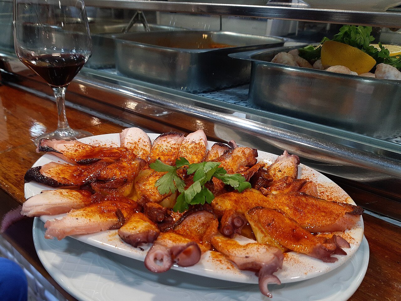 Representative photograph of Pulpo a la Gallega. The photograph includes salad garnishes not included in this draft.