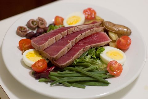 Representative photograph of Salade Nicoise. The photograph uses seared fresh tuna; this draft uses fully cooked canned tuna.