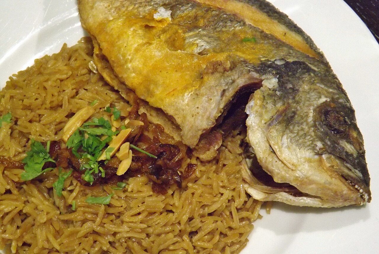 Representative photograph of Sayadieh. The photograph uses a whole fish; this draft uses boneless fillets.
