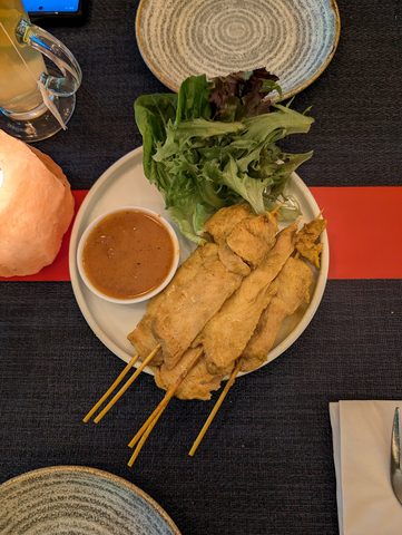 Representative photograph of Thai Chicken Satay. The photo includes a side salad not included in this draft.