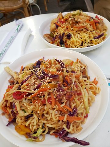 Representative photograph of Yakisoba. The photograph shows pork and tofu yakisoba plates; this draft uses pork.